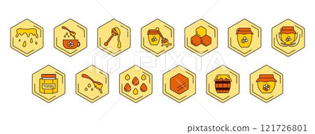 Vector Set icons with honey and products. Options for using honey. Bee, viscous honey jar, liquid, drops, wooden sticks, jars honeycombs, barrel honey. Vector Set icons with honey and products. Options for using honey. Bee, viscous honey jar, liquid, drops, wooden sticks, jars honeycombs, barrel honey. 121726801
