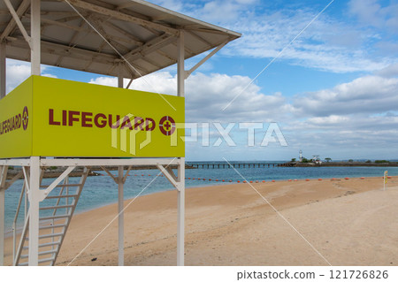 Okinawa's blue sky and blue sea, and a lifeguard station to protect beach safety Okinawa's blue sky and blue sea, and a lifeguard station to protect beach safety 121726826
