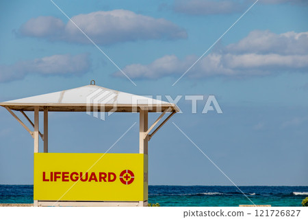 Okinawa's blue sky and blue sea, and a lifeguard station to protect beach safety 121726827