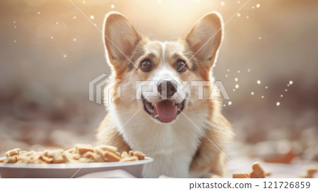 Happy Corgi gets his portion of food 121726859