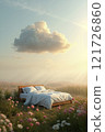 Bed surrounded by flowers under a cloud at sunrise in an open meadow 121726860