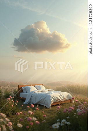 Bed surrounded by flowers under a cloud at sunrise in an open meadow 121726860