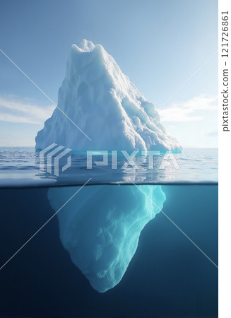 Iceberg floating majestically with a stunning underwater view in a serene blue ocean on a clear day Iceberg floating majestically with a stunning underwater view in a serene blue ocean on a clear day 121726861