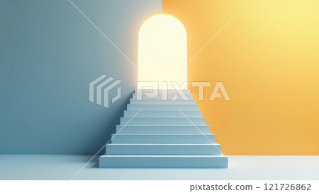 Stairs leading to a luminous arch, the background is divided into two parts, blue and yellow 121726862