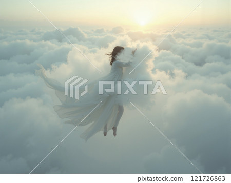 A girl in a nightgown flies in the clouds A girl in a nightgown flies in the clouds 121726863