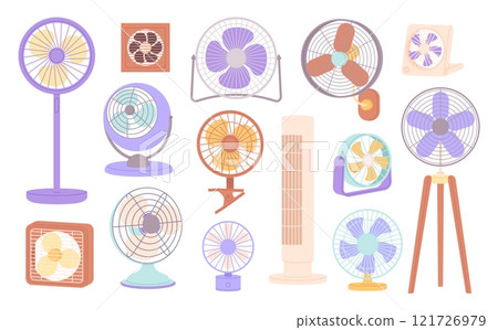 Electric fans. Isolated cartoon plastic fan for cooling temperature indoors. Ventilators, climate equipment for office home stores, racy vector set 121726979