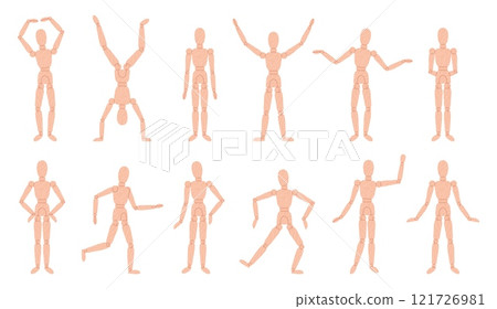 Wood man model. Wooden manikin in different active poses. Figure for art painters, artists, home decor. Puppet doll, marionette model racy vector set Wood man model. Wooden manikin in different active poses. Figure for art painters, artists, home decor. Puppet doll, marionette model racy vector set 121726981