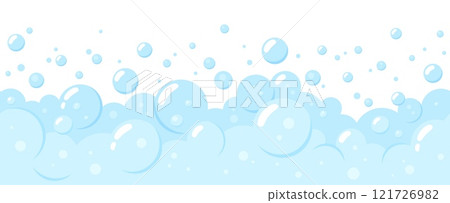 Soap bubbles seamless pattern. Bath foam and flying bubble border design. Wash gel, shampoo, soda. Cleaning washing or laundry, racy vector background 121726982
