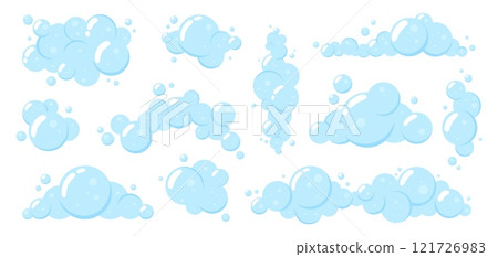Soap foam cartoon elements. Blue bubbles for bathroom, laundry, cleaning service. Shampoo, liquid soap, gel, soda powder effect, racy vector clipart 121726983