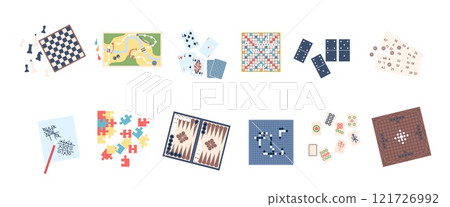 Different boarding games set. Chess scrabble domino and puzzle. Leisure time with family and friends, intellectual game for teens, recent vector set Different boarding games set. Chess scrabble domino and puzzle. Leisure time with family and friends, intellectual game for teens, recent vector set 121726992