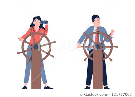 Male female leader characters. Woman man stand at helm and control situations. Leadership in business, personal project for job achievement, recent vector set Male female leader characters. Woman man stand at helm and control situations. Leadership in business, personal project for job achievement, recent vector set 121727003