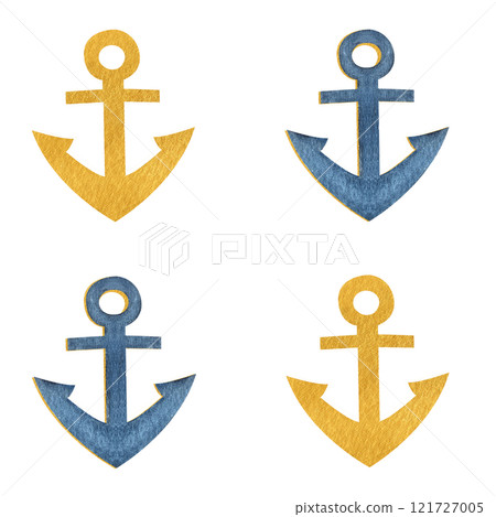Anchor blue gold watercolor seamless pattern isolated on white. Hand painted art perfect for cards, wrapping paper, packaging, tickets, stationary tourism, travel, voyage design. Monochromatic clip Anchor blue gold watercolor seamless pattern isolated on white. Hand painted art perfect for cards, wrapping paper, packaging, tickets, stationary tourism, travel, voyage design. Monochromatic clip 121727005