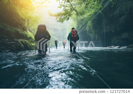 River Trekking Adventure: People Wading Through Flowing Water 121727014