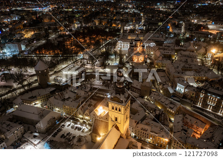 Aerial night View of Tallinn in winter with Alexander Nevsky Cathedral, roofs with snow, Christmas mood Aerial night View of Tallinn in winter with Alexander Nevsky Cathedral, roofs with snow, Christmas mood 121727098