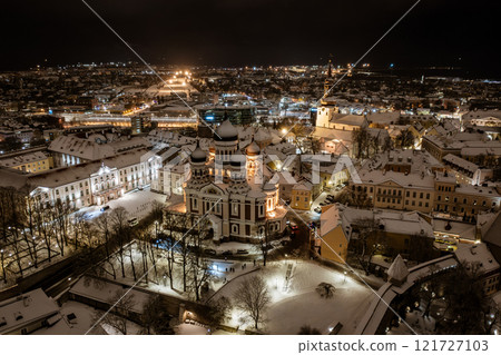 Aerial night View of Tallinn in winter with Alexander Nevsky Cathedral, roofs with snow, Christmas mood Aerial night View of Tallinn in winter with Alexander Nevsky Cathedral, roofs with snow, Christmas mood 121727103
