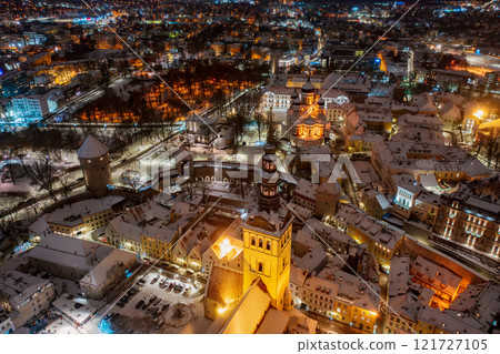 Aerial night View of Tallinn in winter with Alexander Nevsky Cathedral, roofs with snow, Christmas mood 121727105