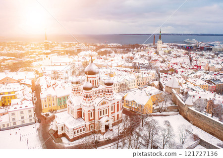 Aerial View of Tallinn in winter with Alexander Nevsky Cathedral, roofs with snow, Christmas mood Aerial View of Tallinn in winter with Alexander Nevsky Cathedral, roofs with snow, Christmas mood 121727136