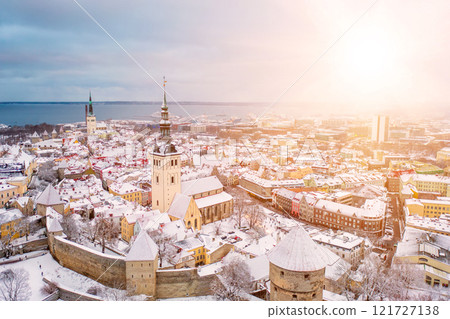 Aerial View of Tallinn in winter, roofs are covered with snow, Christmas mood Aerial View of Tallinn in winter, roofs are covered with snow, Christmas mood 121727138