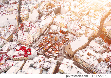 Aerial View of Tallinn with the Town Hall Square in winter, roofs with snow, Christmas mood 121727139