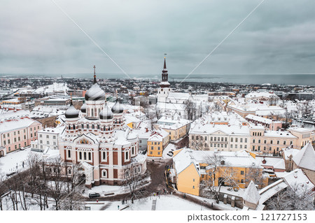 Aerial View of Tallinn in winter with Alexander Nevsky Cathedral, roofs with snow, Christmas mood Aerial View of Tallinn in winter with Alexander Nevsky Cathedral, roofs with snow, Christmas mood 121727153
