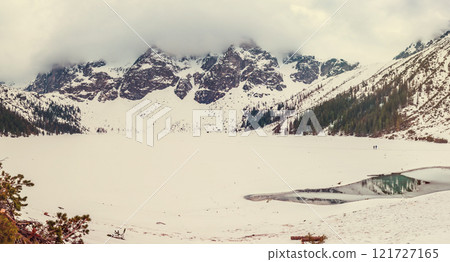 Frozen Lake Morskie Oko or Sea Eye Lake in Poland at Winter. Panoramic view Frozen Lake Morskie Oko or Sea Eye Lake in Poland at Winter. Panoramic view 121727165