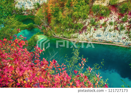 Autumn colors and lake of Plitvice National Park in Croatia, seasonal colorful background Autumn colors and lake of Plitvice National Park in Croatia, seasonal colorful background 121727173