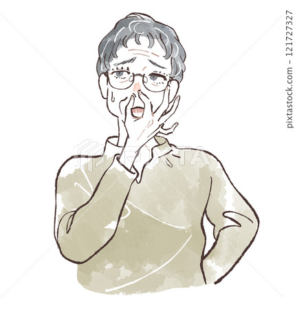 Senior woman with short hair smells bad 121727327