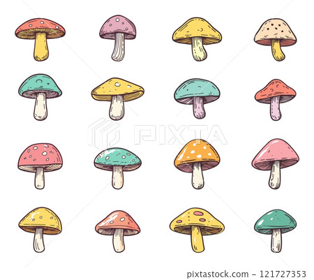Mushrooms Logo Colourful Stylish Trendy Illustrations Fungi Icons Vibrant Designs Whimsical Nature Art Graphic Elements White Background 121727353