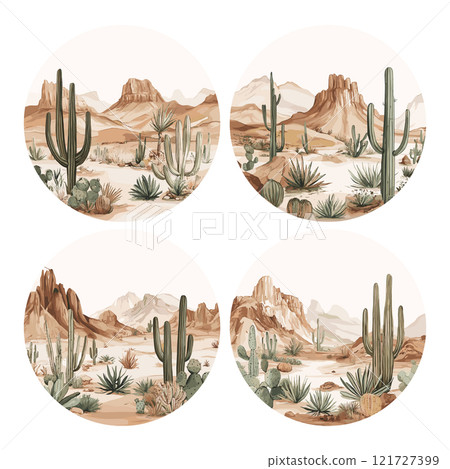 Desert Landscapes In Circles Watercolour Hand Drawn Style Illustrations White Background Unique Artwork Creative Design Arid Environment Illustrations Decorative Elements Artistic 121727399