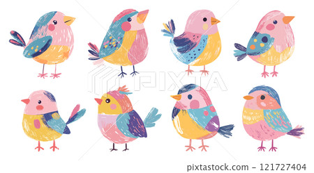 Cute Little Birds Design Collection Stylized Illustrations Trendy Style On White Background Unique Artwork Creative Design Adorable Bird Illustrations Decorative Features Modern 121727404
