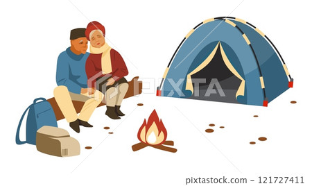 Family camping. Touristic tent and couple sitting near campfire, backpack. Adventure and hiking. Happy couple on vacation or weekend, expedition on nature. Vector cartoon flat illustration 121727411