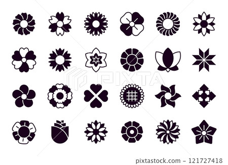 Flower silhouette icon. Sunflower shape. Daisy or dahlia spring outline pattern. Rose or chamomile blossom. Lotus and tulip blooms. Botanical graphic elements. Vector floral symbols set 121727418