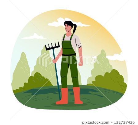 Happy farmer. Gardener standing with rake. Agriculture workers growing vegetable. Agrarian in uniform. Woman in meadow. Horticulture work. Crop harvesting. Vector countryside scene Happy farmer. Gardener standing with rake. Agriculture workers growing vegetable. Agrarian in uniform. Woman in meadow. Horticulture work. Crop harvesting. Vector countryside scene 121727426