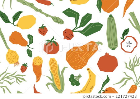 Food pattern. Hand drawn vegan tomato and pumpkin, doodle vegetarian green cabbage and corn, garden texture. Cute healthy cooking. Decor textile, wrapping, wallpaper design. Vector background 121727428