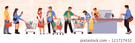 People in supermarket. Store queue. Grocery shop. Buyers standing with trolleys. Customers buy products. Cashier waiting line. Checkout and pay with counter. Shopping vector concept 121727432