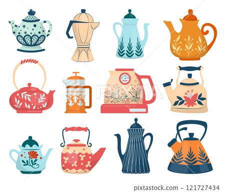 Kettles. Colorful patterned cozy teapots. Kitchen modern crockery with botanical ornament. Utensil for hot tea and coffee. Ceramic and porcelain cookware. Vector cartoon flat illustration 121727434
