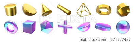 3D shapes. Abstract geometric figures. Iridescent or gold render forms. Minimal music geometry art. Creative digital design. Glossy cube and sphere. Pyramid structure. Vector isolated set 3D shapes. Abstract geometric figures. Iridescent or gold render forms. Minimal music geometry art. Creative digital design. Glossy cube and sphere. Pyramid structure. Vector isolated set 121727452