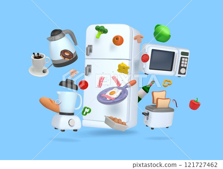 3D kitchen appliance. Electric fridge with food products. Home blender or mixer. Domestic refrigerator. Fried egg pan. Flying vegetables. Toaster bread. Render cooking equipment vector set 121727462