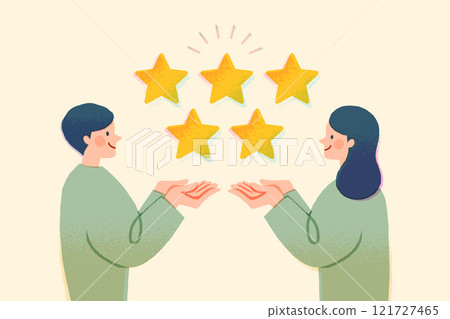 給予五星級評級的男性和女性客戶滿意度的圖像說明 給予五星級評級的男性和女性客戶滿意度的圖像說明 121727465