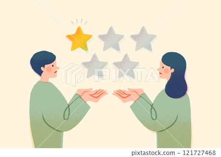 Men and women giving one star rating, customer satisfaction image illustration Men and women giving one star rating, customer satisfaction image illustration 121727468