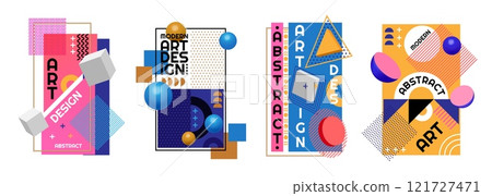 Modern design elements. Abstract poster. Geometric layout template or 3D shape cover. Cubes and spheres. Dotted texture. Memphis frame. Color squares. Vector minimalistic backgrounds set 121727471