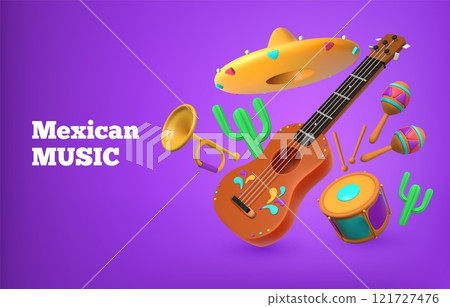 Mexican holiday. 3D Mexico carnival elements like guitar, ukulele and maracas. Realistic sombrero and party instruments. Hispanic entertainment. Musical orchestra. Vector banner design Mexican holiday. 3D Mexico carnival elements like guitar, ukulele and maracas. Realistic sombrero and party instruments. Hispanic entertainment. Musical orchestra. Vector banner design 121727476
