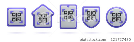 3D barcode. Square QR code. Shop bar scan in phone. Identification scanner. Payment application recognition label shapes. Cyber authenticate scanning. Vector qrcode render symbols set 121727480
