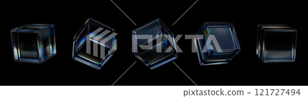 3D glass cube. Abstract square object. Transparent light shape on black background. Futuristic crystal. Geometric figures. Iridescent blocks. Plexiglass forms. Vector render icons set 121727494
