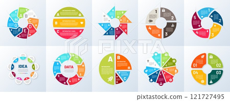 Infographic chart. 8 step graph. Information diagram. Circular infochart parts. Presentation cycle of business progress. Sequence process. Workflow visualization. Vector pictograms set Infographic chart. 8 step graph. Information diagram. Circular infochart parts. Presentation cycle of business progress. Sequence process. Workflow visualization. Vector pictograms set 121727495