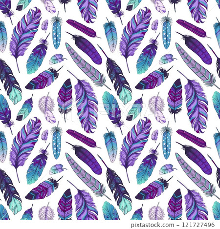 Tribal feather seamless pattern. Purple birds quills. Boho style background. Decor textile, wrapping, wallpaper. Print for fabric. Ethnic ornament. Vector cartoon flat isolated illustration Tribal feather seamless pattern. Purple birds quills. Boho style background. Decor textile, wrapping, wallpaper. Print for fabric. Ethnic ornament. Vector cartoon flat isolated illustration 121727496