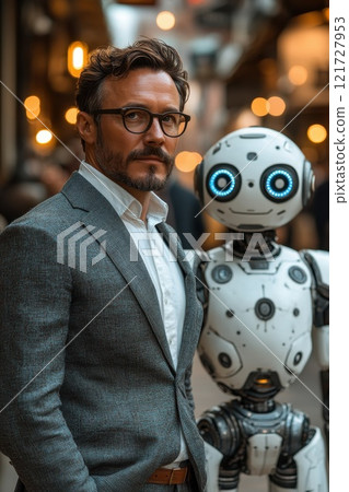 A successful businessman standing next to a robot. The future belongs to artificial intelligence 121727953
