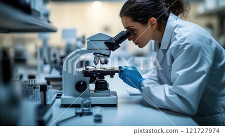 A researcher looks through a microscope during her research in the laboratory. Medical research 121727974