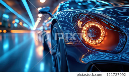 Shining headlight on luxury black car on the road. A new passenger car on a night road 121727992