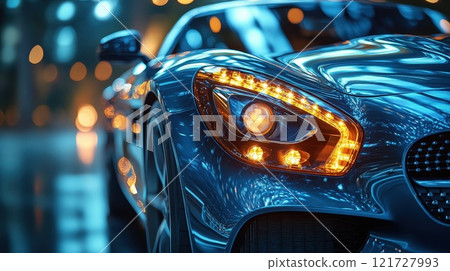 Shining headlight on luxury black car on the road. A new passenger car on a night road 121727993
